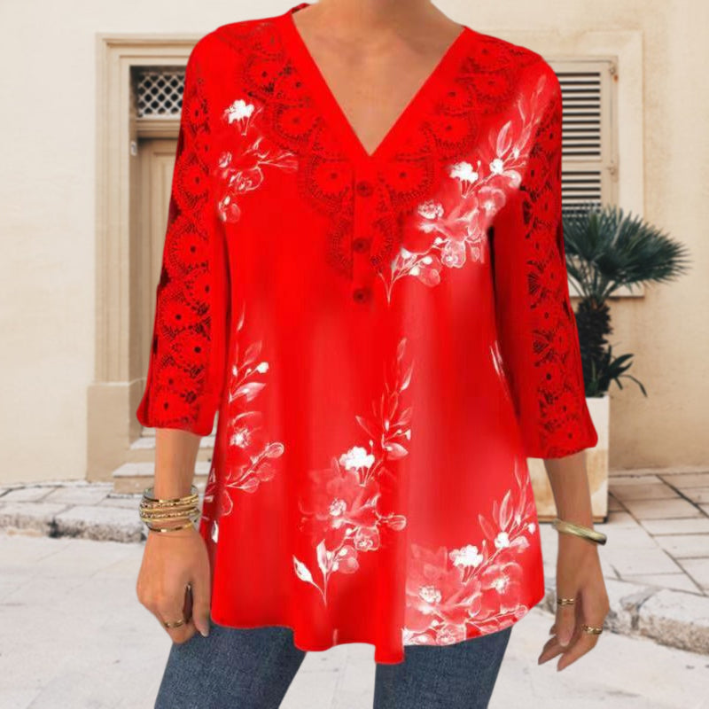 Damen V-Ausschnitt Bluse mit 3/4 Ärmel