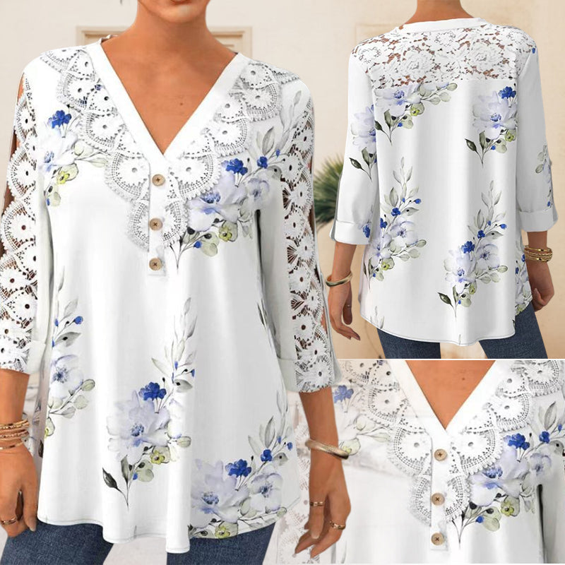 Damen V-Ausschnitt Bluse mit 3/4 Ärmel