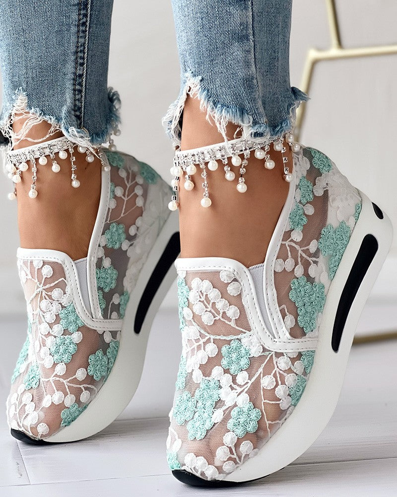 Marie - Floral Embroidery Sheer Mesh Sneakers