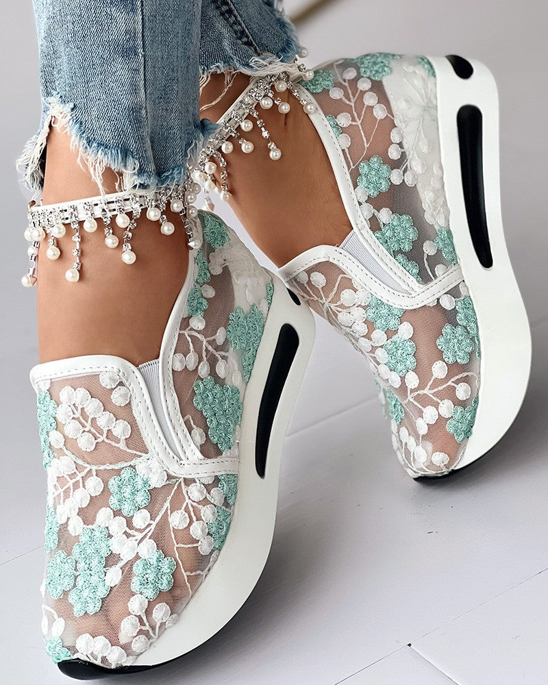 Marie - Floral Embroidery Sheer Mesh Sneakers