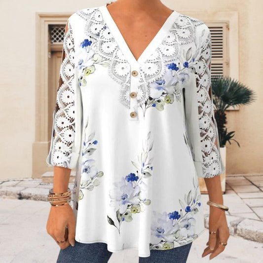 Damen V-Ausschnitt Bluse mit 3/4 Ärmel