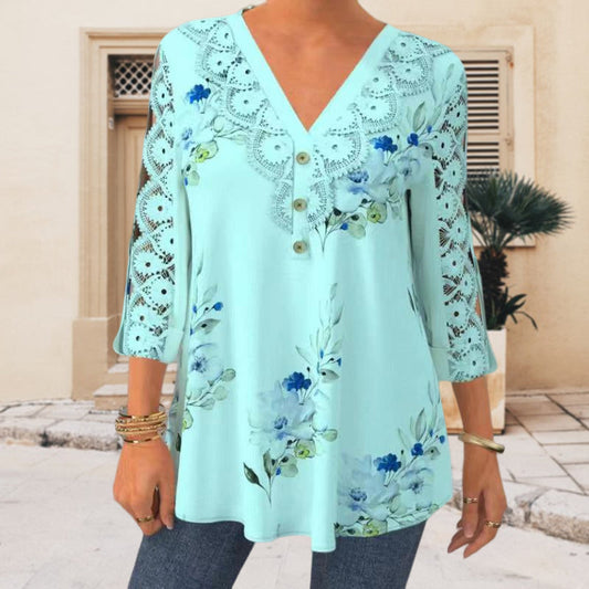 Damen V-Ausschnitt Bluse mit 3/4 Ärmel