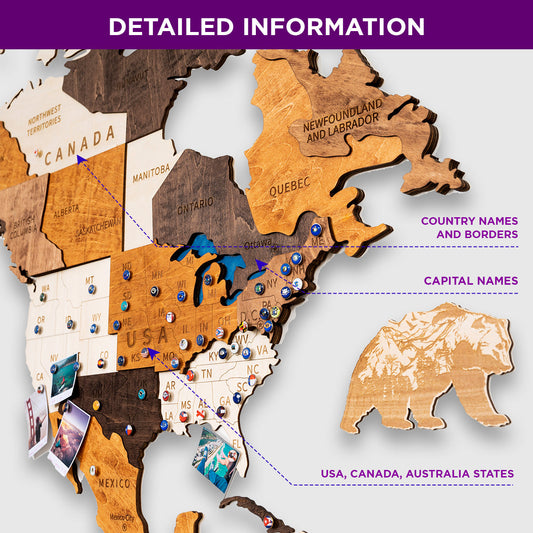 3D Weltkarte aus Holz mit Stecknadeln